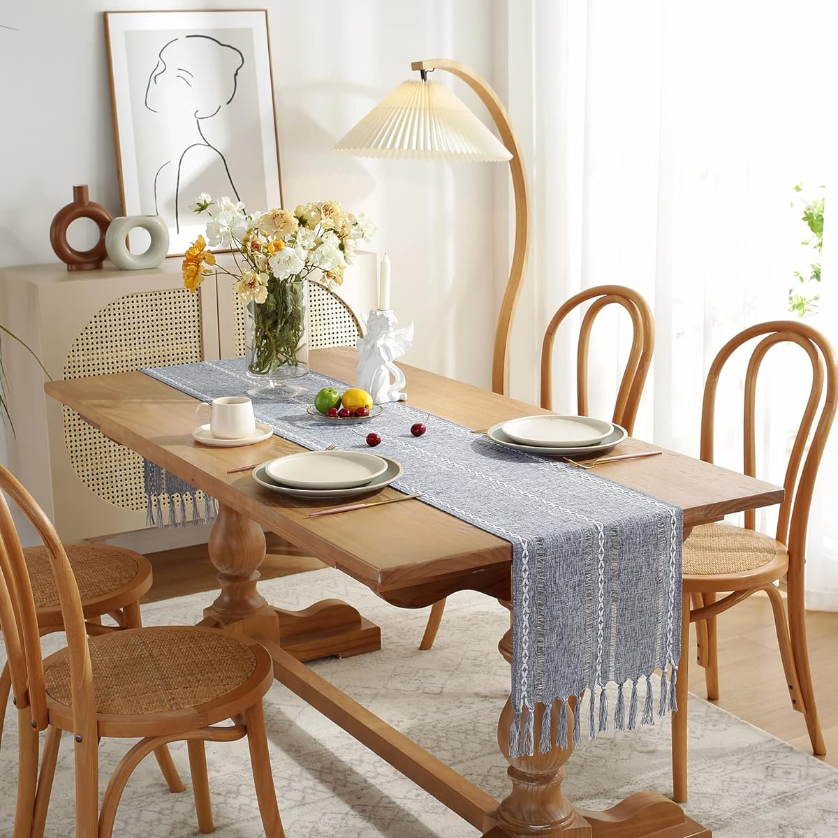 Cenebonxy Rustic Boho Table Runner Linen Table Runner Farmhouse Table Runner 48" Long Dining Table Decor 13x48" Blue
