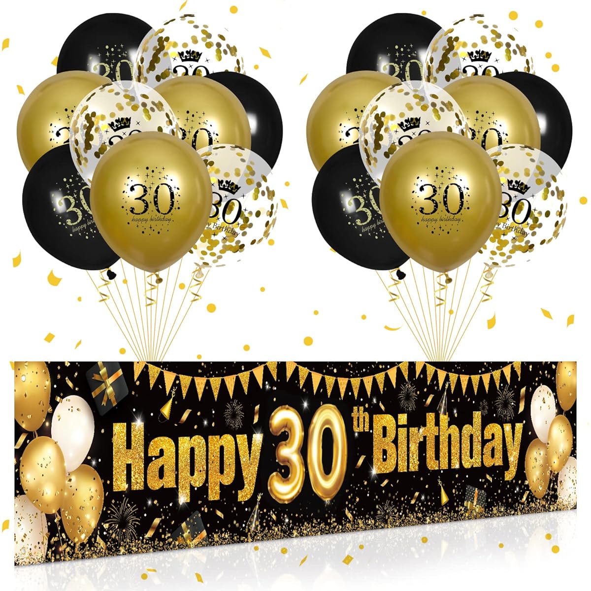30th Birthday Decorations for Men and Women Black and Gold Black Gold Birthday Yard Banner Sign 18pcs 30th Happy Birthday Balloons 30th Anniversary Birthday Party Supplies Outdoor Yard Decor