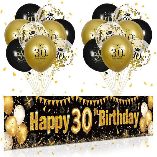 30th Birthday Decorations for Men and Women Black and Gold Black Gold Birthday Yard Banner Sign 18pcs 30th Happy Birthday Balloons 30th Anniversary Birthday Party Supplies Outdoor Yard Decor