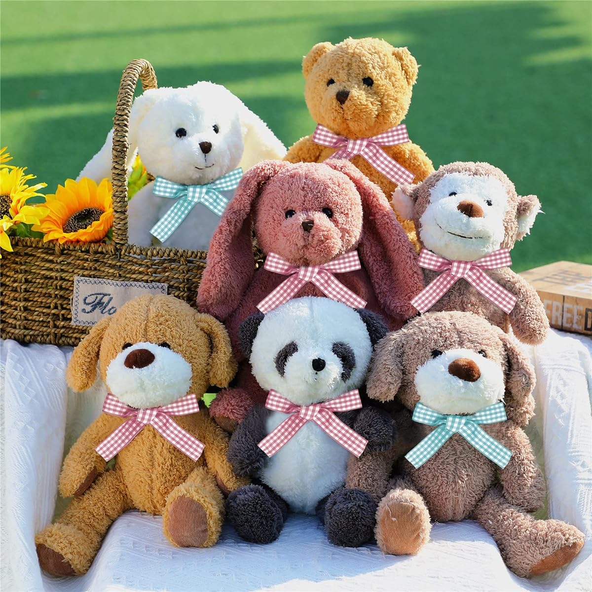 7 Pack Bulk Plush Stuffed Animals Cute Panda Bear Monkey Bunny Puppy 12.5 Inch Soft Jungle Animal Stuffed Animals Set for Baby Shower Animal Theme Party Decorations Kids Boys Girls Birthday Gifts