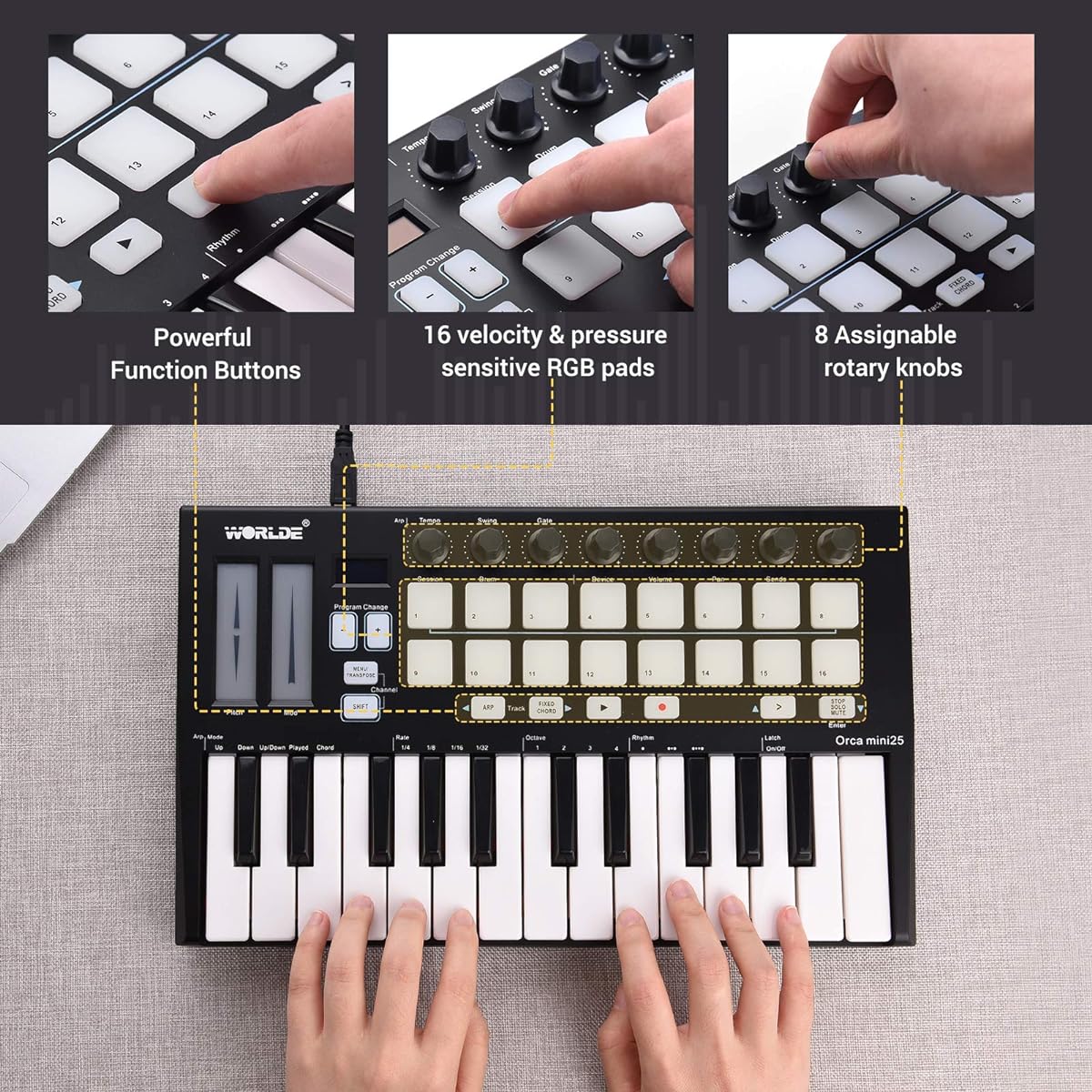 summina Portable 25 Key USB MIDI Keyboard Controller with 16 RGB Backlit Trigger Pads and 8 Assignable Control Knobs