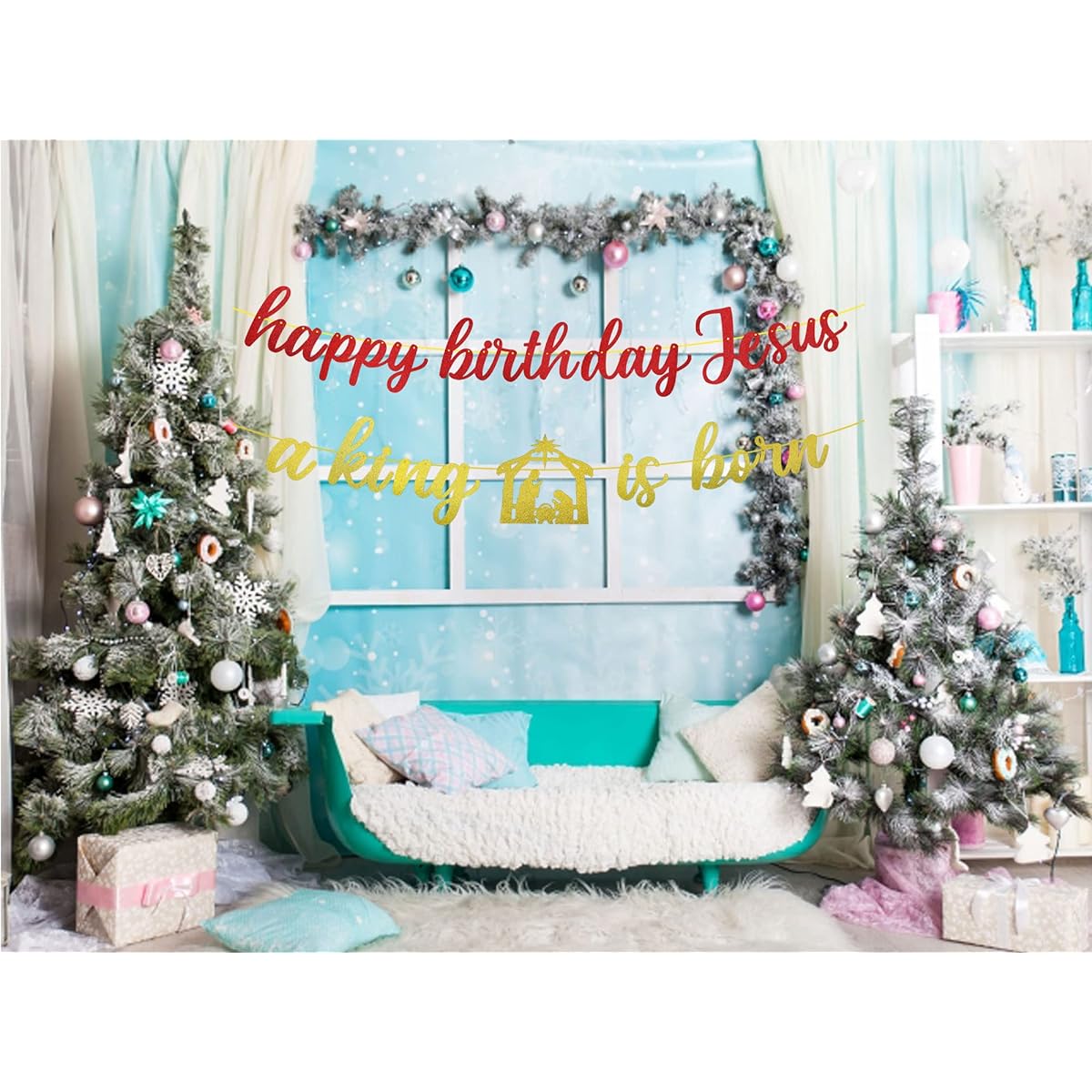 Happy Birthday Jesus Banner A King is Born Banner Decoration Christian Christmas Jesus Birthday Party Decorations Christmas Jesus Decorations Christmas Holiday Decorations (Assembled)