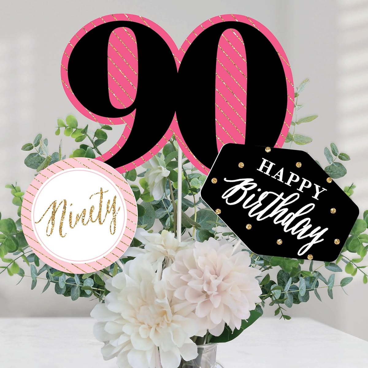 Chic 90th Birthday - Pink, Black, Gold - Birthday Party Centerpiece Sticks - Table Toppers - Set of 15