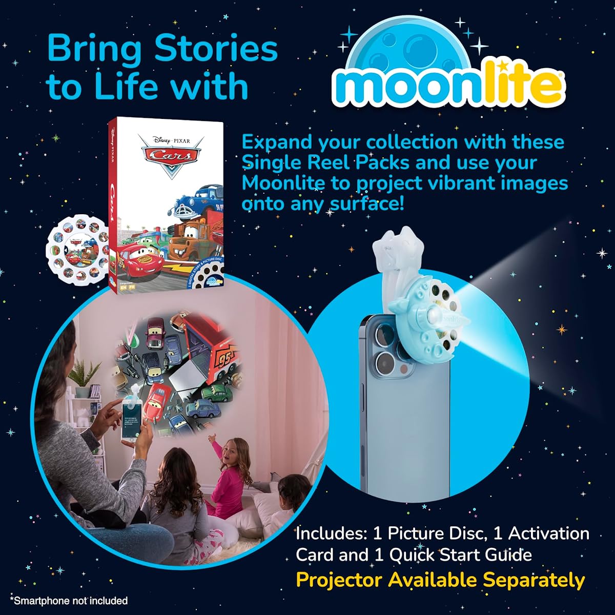 Moonlite Storytime Cars Storybook Reel A Magical Way to Read Together Digital Stories for Projector Fun Sound Effects Learning Gift for Kids Ages 1 and Up