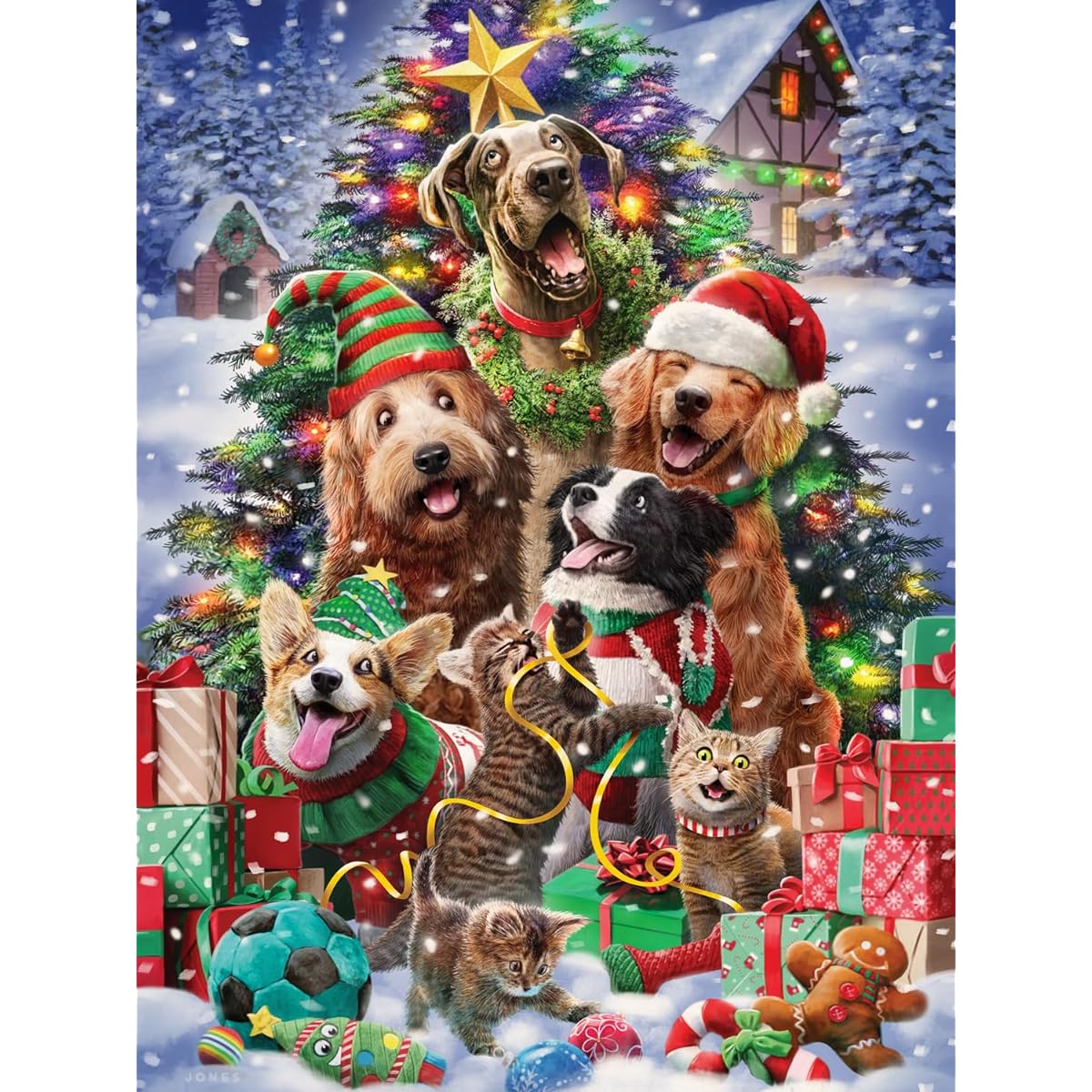 Vermont Christmas Company Christmas Pets Jigsaw Puzzle 550 Piece - Holiday Puzzle with Random Shapes & Interlocking Pieces - 24" x 18"