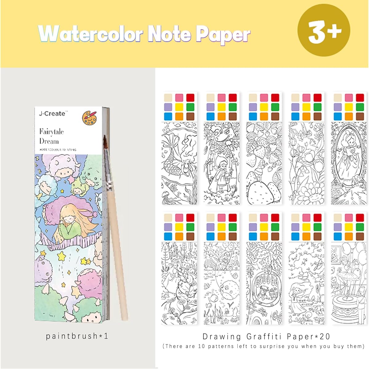 20pcs Coloring Note Paper DIY Graffiti Bookmark Cartoon Note Paper Watercolor Paints Watercolor Coloring Notebook Art Craft Gift Supplies (Fairy Tale Dream)