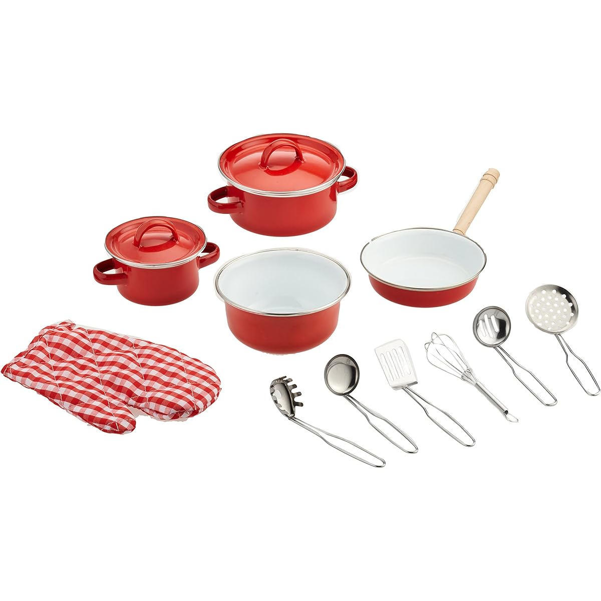 Red kitchenware 13-piece set with potholders