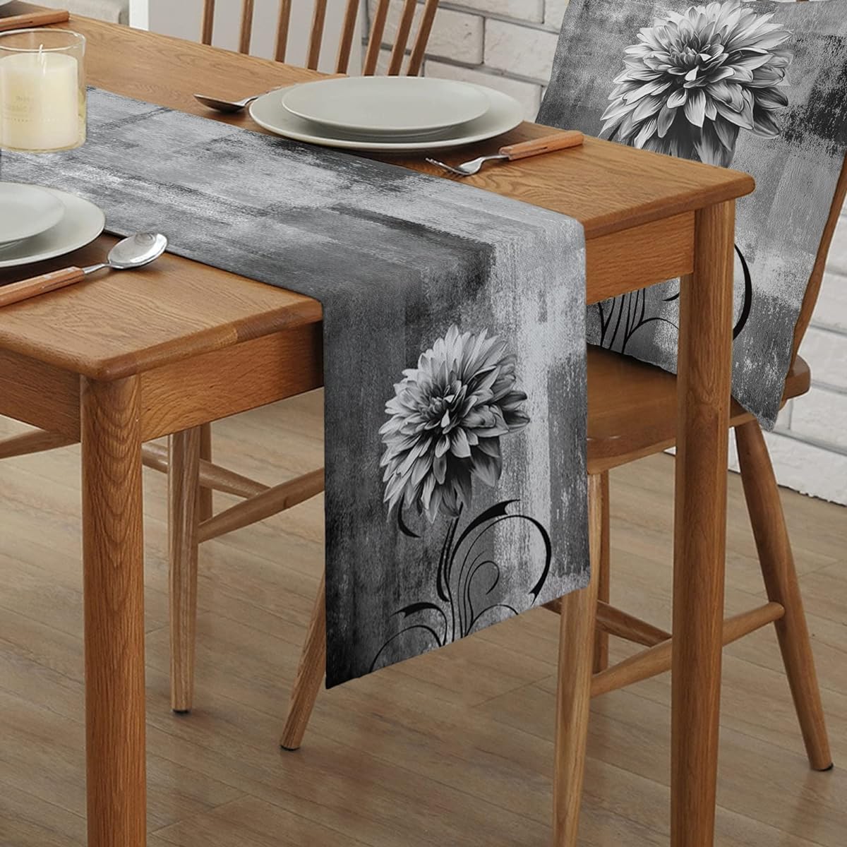 Black Dahlia Table Runner - 36" Long Modern White Grey Ombre Floral Oil Painting Abstract Art Cotton Linen Blend Dress Scarf Farmhouse Table Runner for Kitchen Dining, Coffee Table 13" x 36"