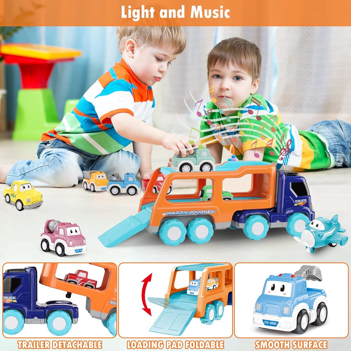 Toy Truck Car for 3 4 5 Years Old Toddler Boys Girls 9 in 1 Carrier Vehicle Toy Truck with Light Sound and Play Mat Vehicle Toy Truck Kids Boys Girls Birthday Christmas Gift