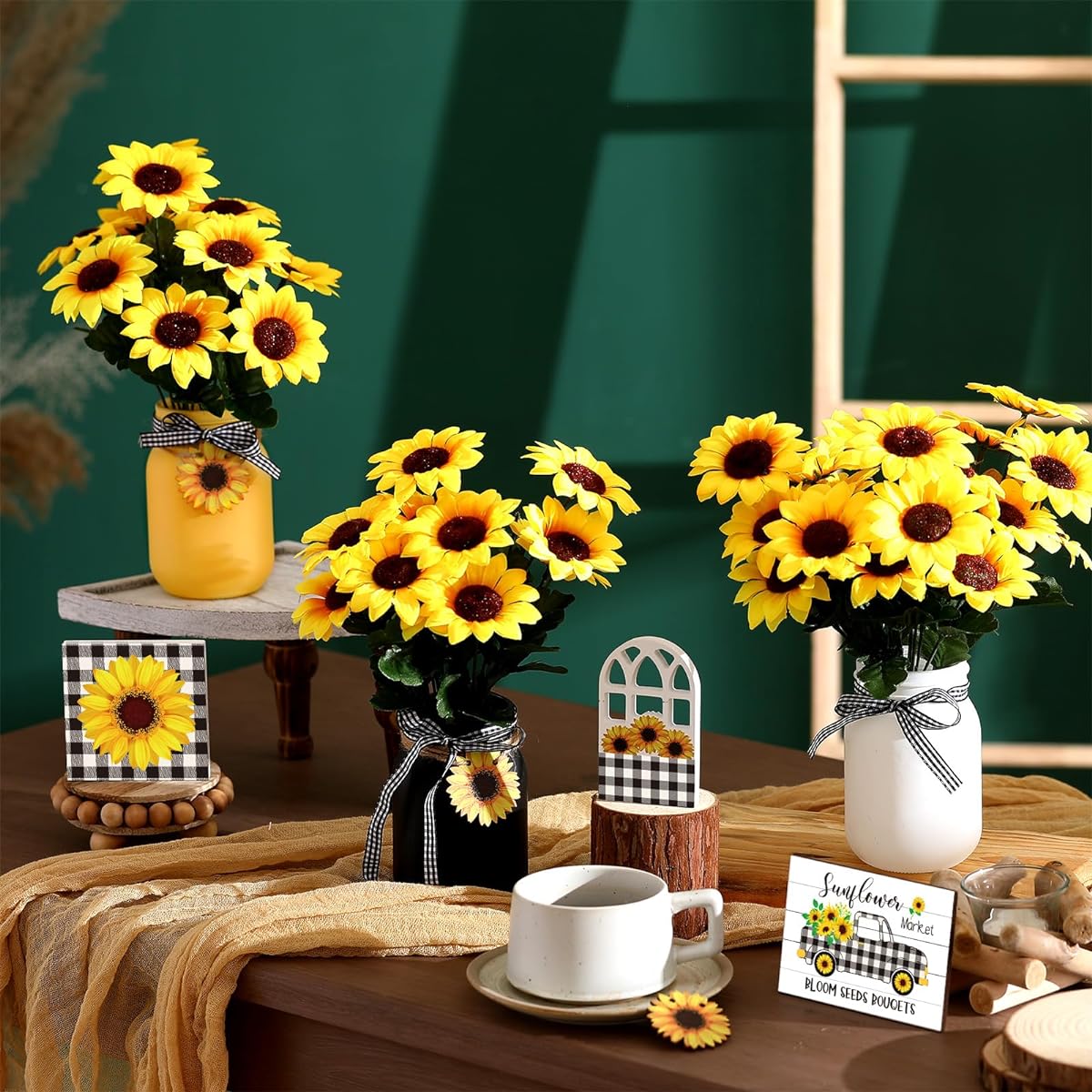 12 Piece Tiered Tray Decor Set Kitchen Decor Farmhouse Wooden Sign Wedding Mason Jar Wooden Centerpiece Decorative Tray Spring Summer Home Tabletop Display Festival Decoration (Sunflower)