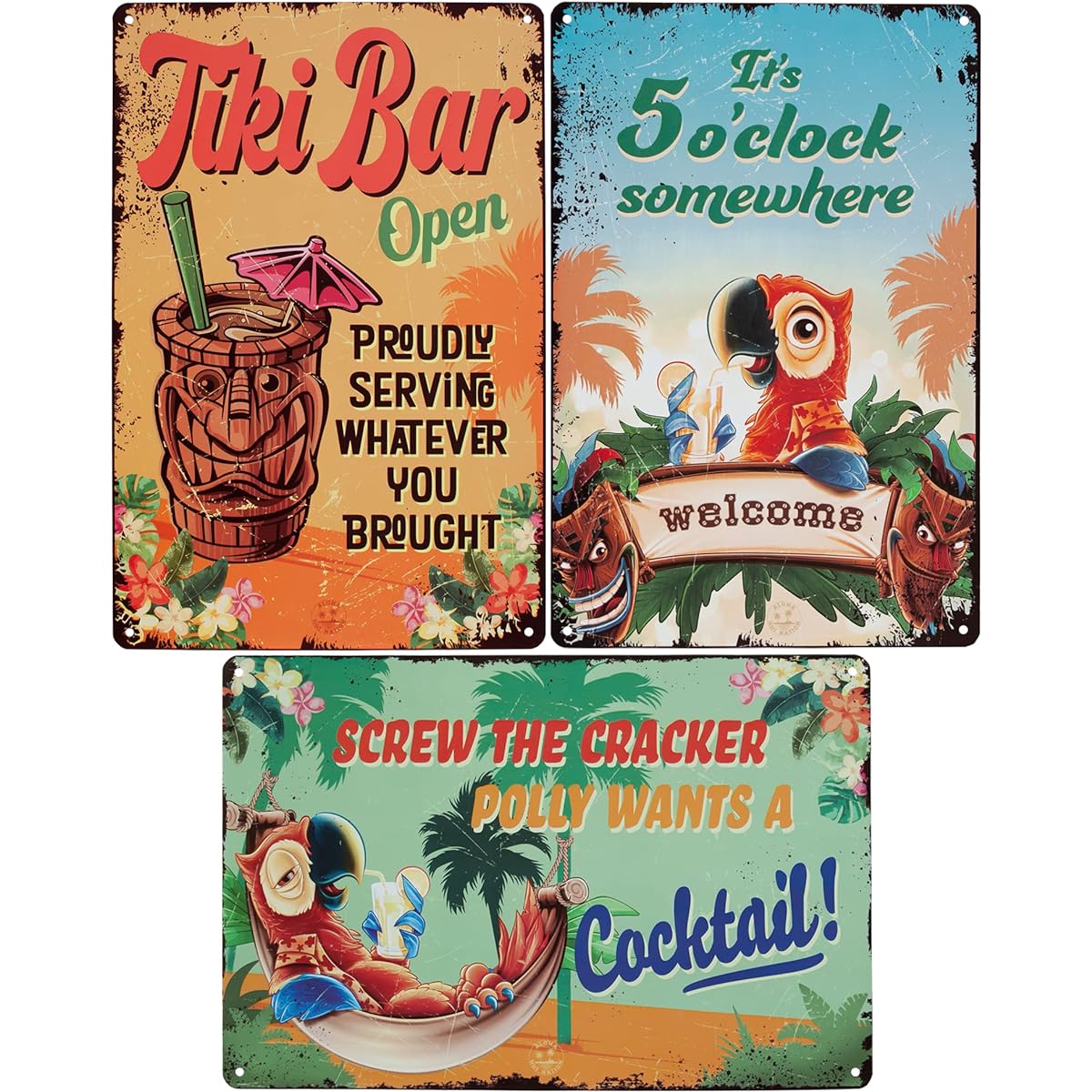 Aloha Nui Tiki Bar Signs Set of 3 Tiki Bar Decorations Outdoor Tiki Bar Open 5 O'clock Place and Polly Wants Cocktails 8" x 12" with 12 Screws Tiki Decor Luau Decorations
