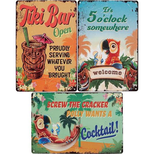 Aloha Nui Tiki Bar Signs Set of 3 Tiki Bar Decorations Outdoor Tiki Bar Open 5 O'clock Place and Polly Wants Cocktails 8" x 12" with 12 Screws Tiki Decor Luau Decorations