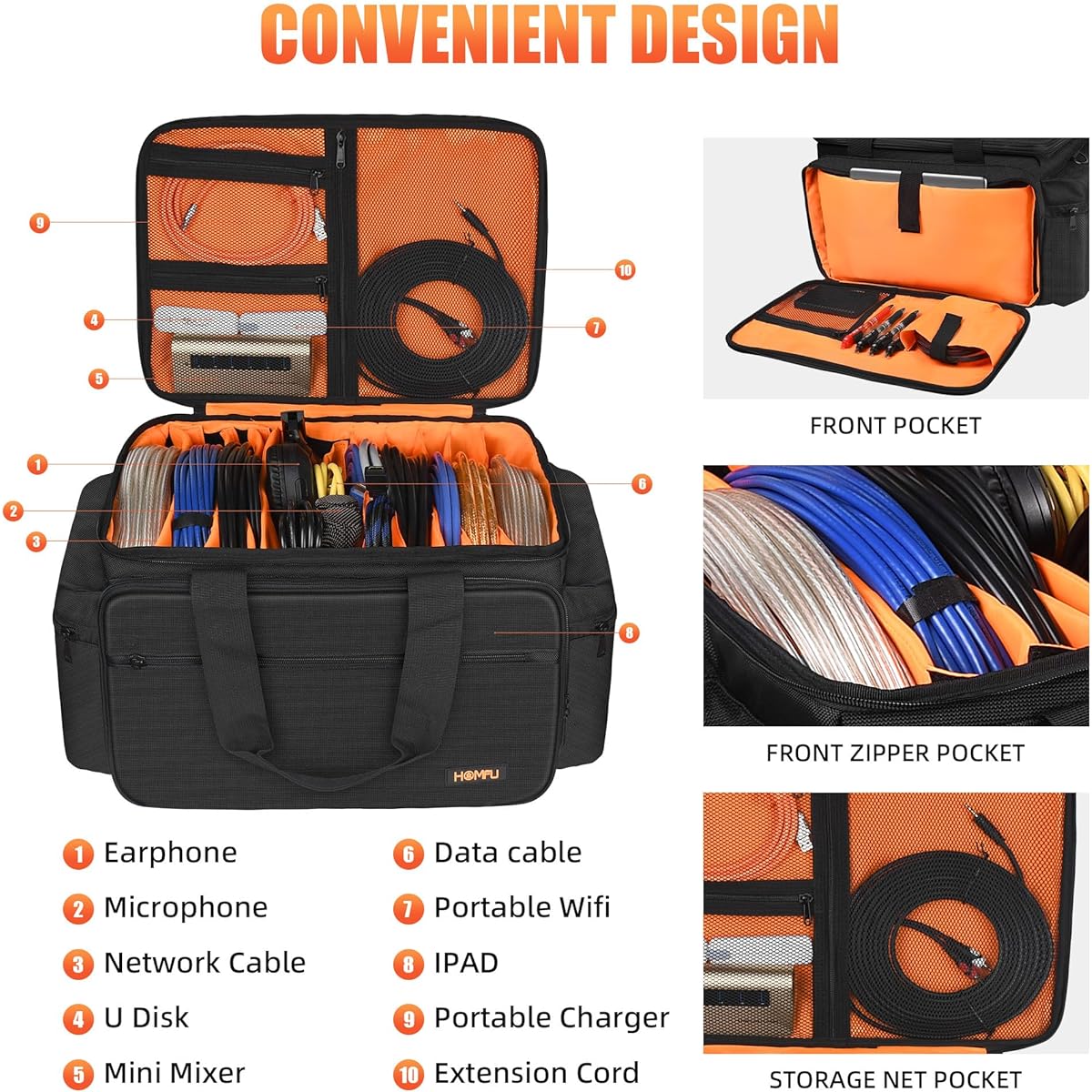 Homfu DJ Bag for Equipment DJ Cable File Bag Gig Gear Bag with Removable Dividers DJ Cable Organizer Case Travel Gear Bag for Musicians Cable Accession Equipment