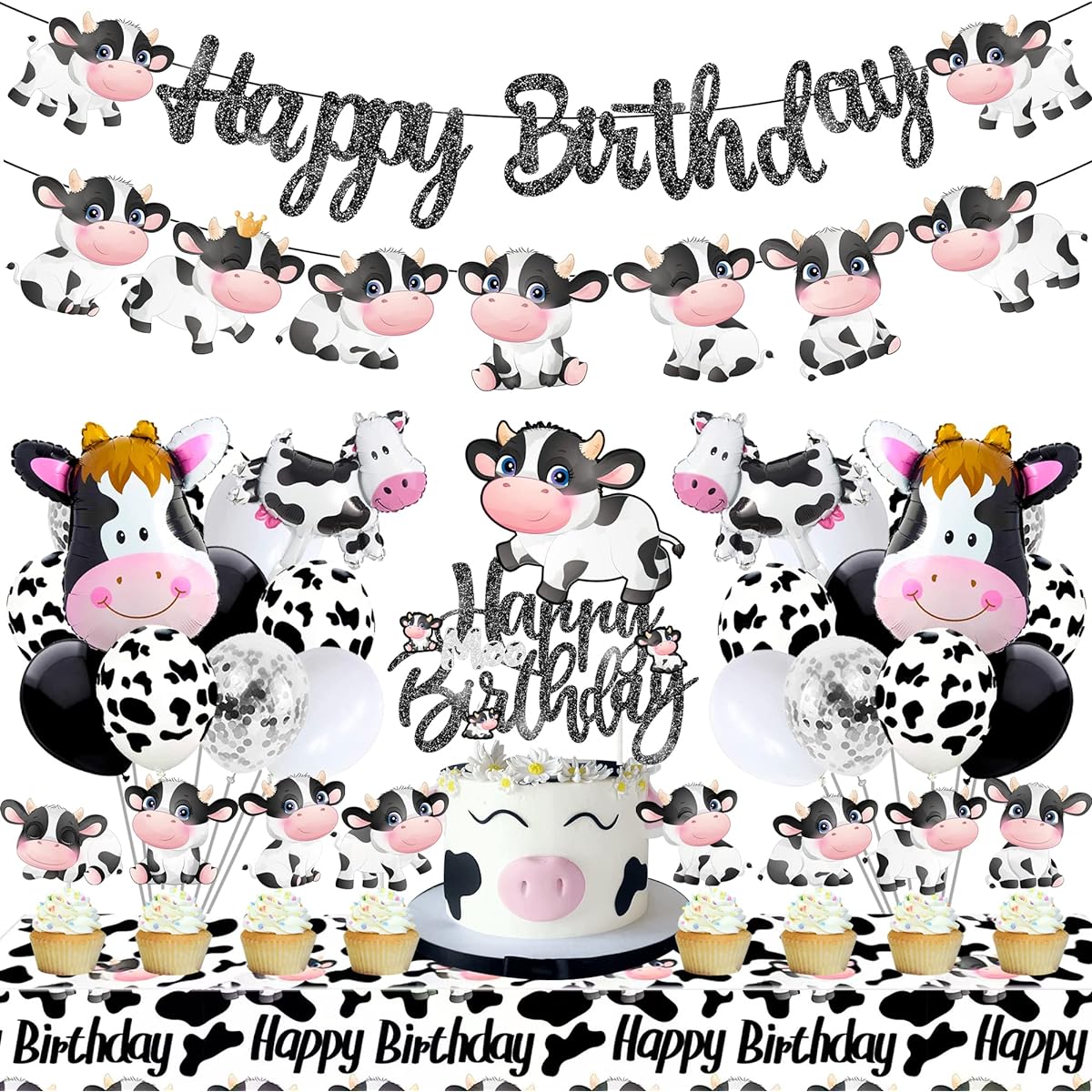 Cow Birthday Party Supplies Cow Print Latex Foil Balloons Cow Happy Birthday Banner Cow Print Tablecloth Baby Shower Farm Animals Cow Themed Birthday Party Supplies 44 Pieces