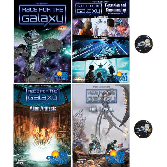 Race for The Galaxy Card Game Base Game 5 Expansions and 2 Space Fighter Buttons