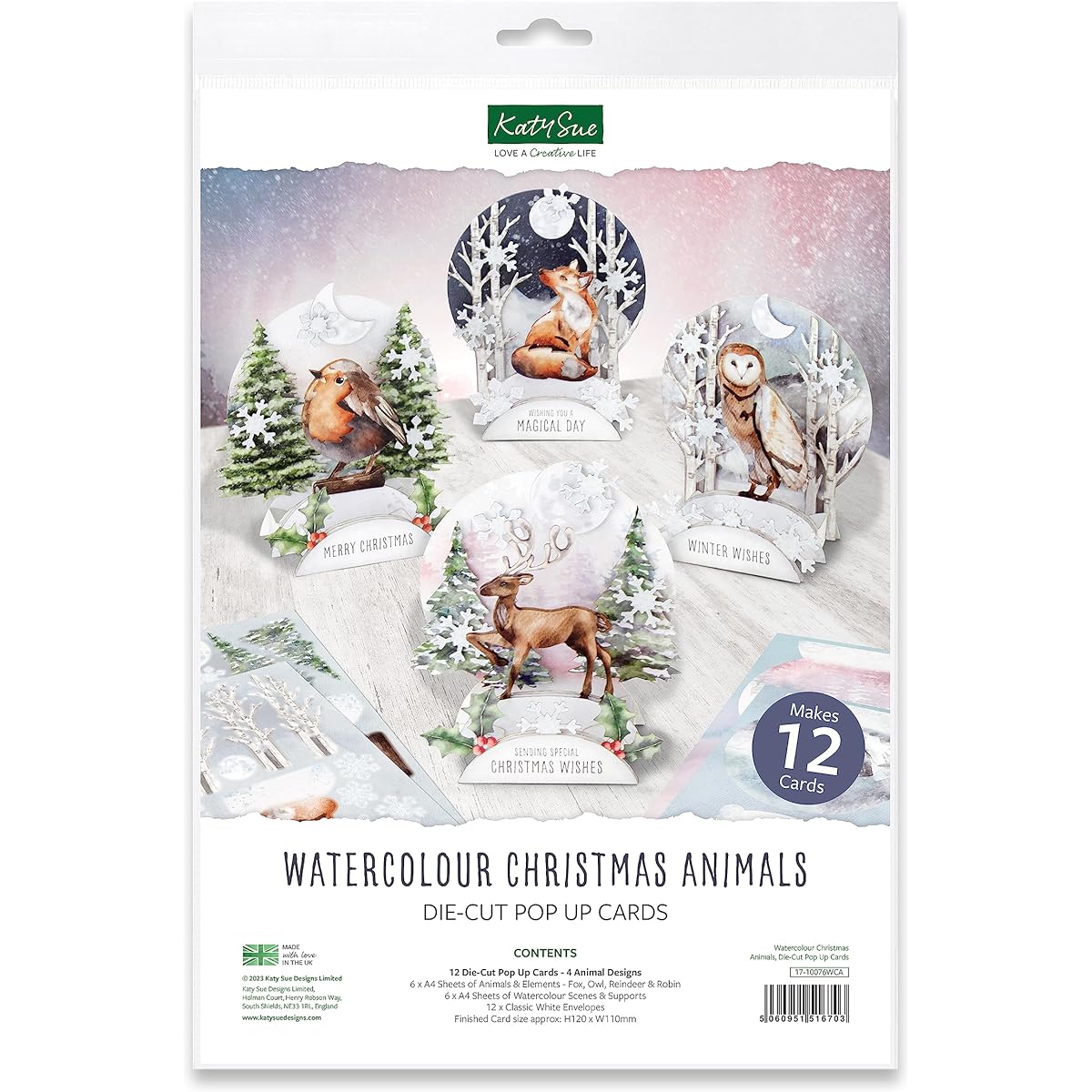 Katy Sue Watercolor Christmas Animals Die Cut Pop Up Cards - Create 12 Cards Featuring Robins, Reindeer, Foxes, and Owls 12 Cards 12 Elements & Watercolor Scenes 12 Envelopes