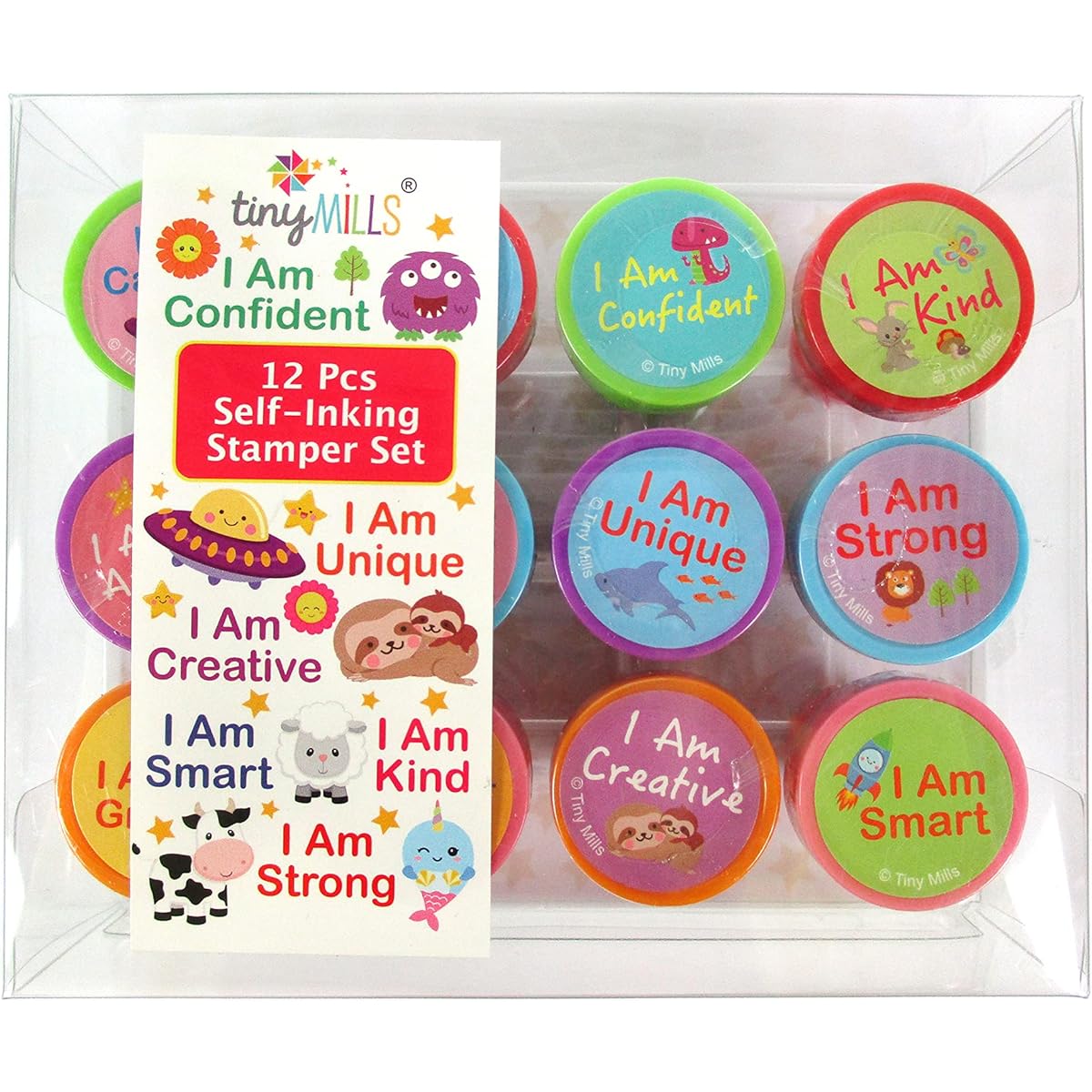 TINYMILLS Positive Affirmations Stamp Kit for Kids - 12 Positive Mindfulness Self Inking Stamps Gift Party Favors