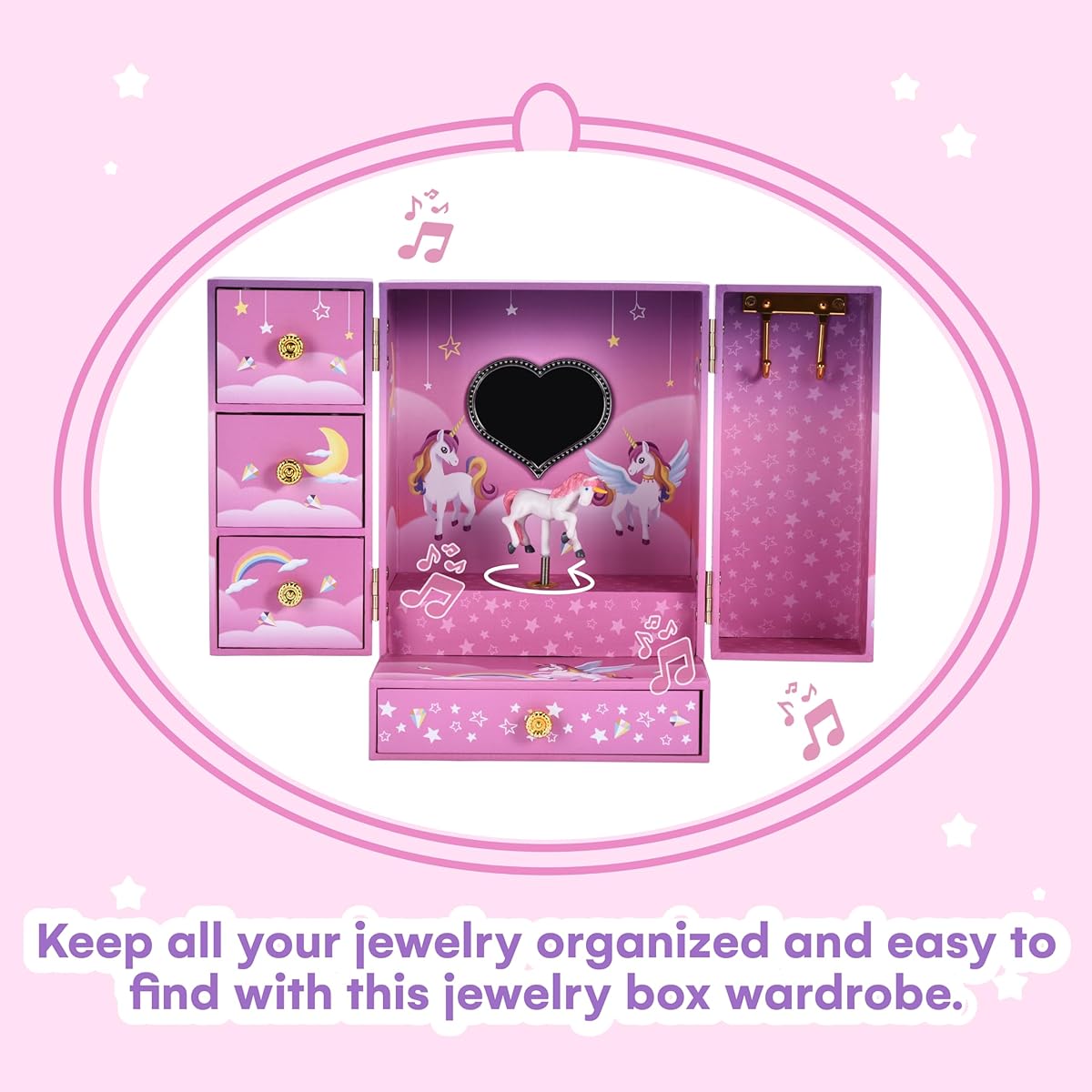 Jewelkeeper Musical Jewelry Box with 3 Drawers - Princess Jewelry Box for Little Girls - Store Rings, Necklaces, Earrings - Birthday Gift for Kids - Accessory Organizer for Teen Girls