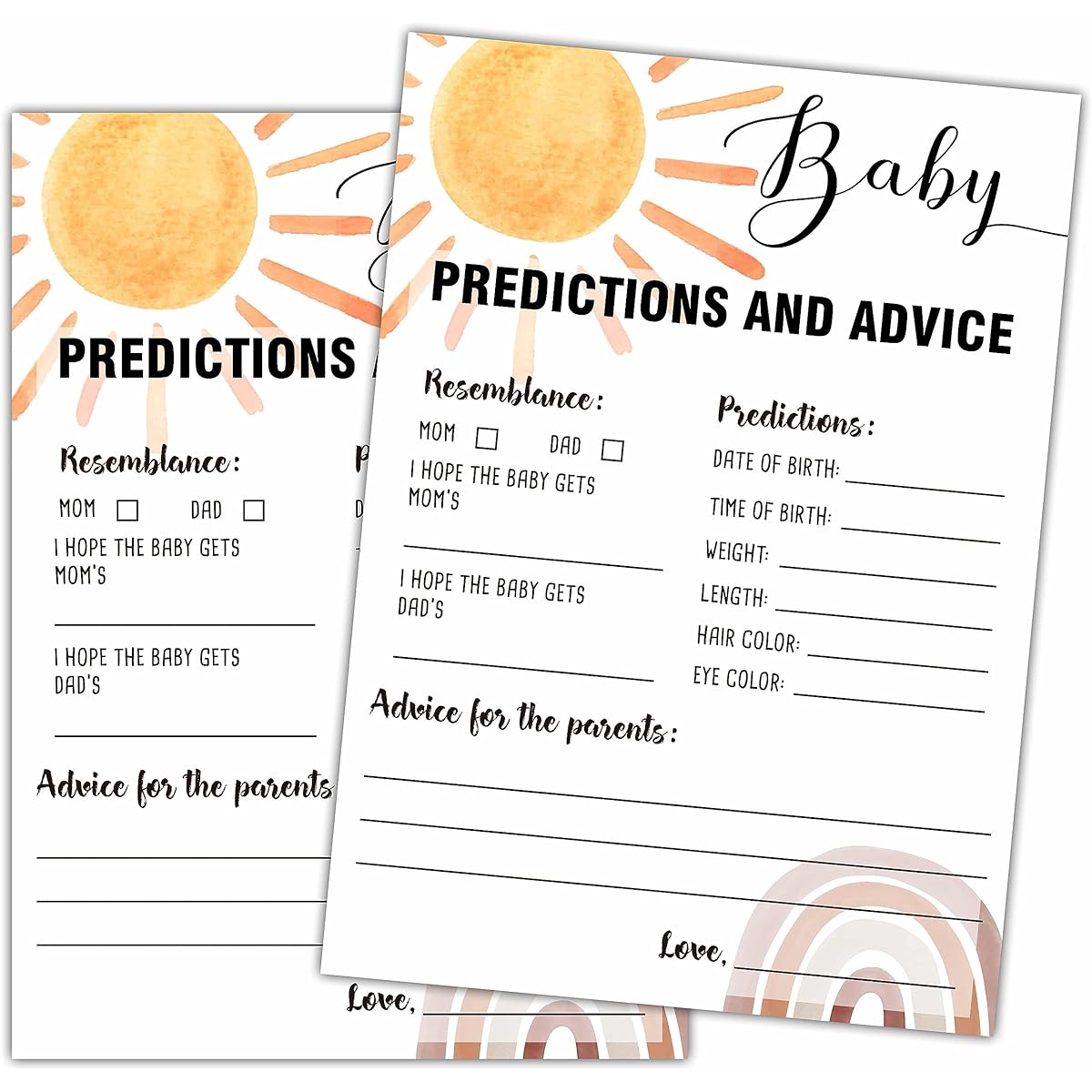 Boho Rainbow Predictions and Advice Baby Shower Game 25 Sunshine Gender Neutral Cards Gender Reveal Party Game Set for Women and Men A30