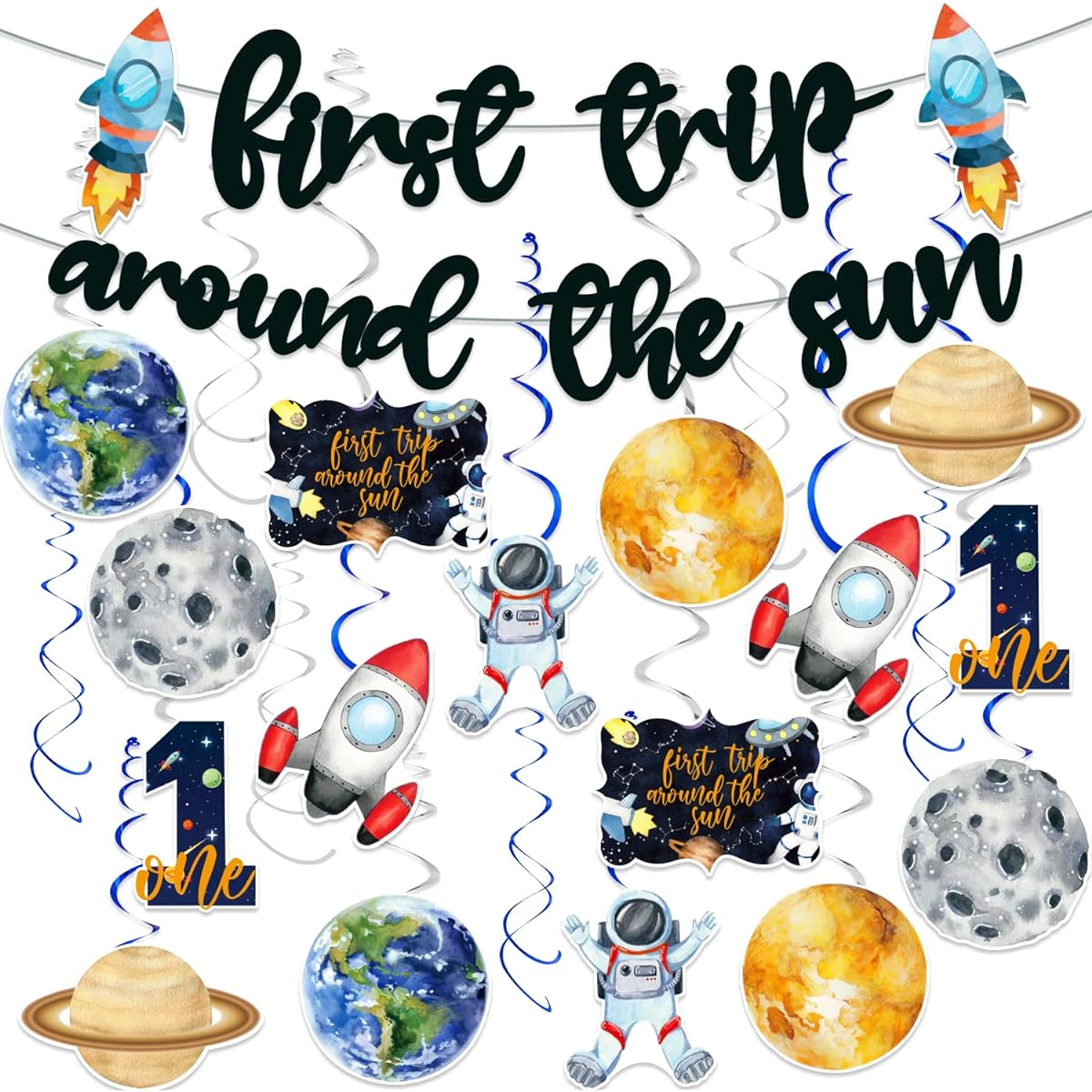 First Trip Around the Sun Birthday Decorations, Space 1st Birthday Decorations, First Trip Around the Sun Banner and Hanging Swirls, Space Theme 1st Birthday Party Decorations Supplies