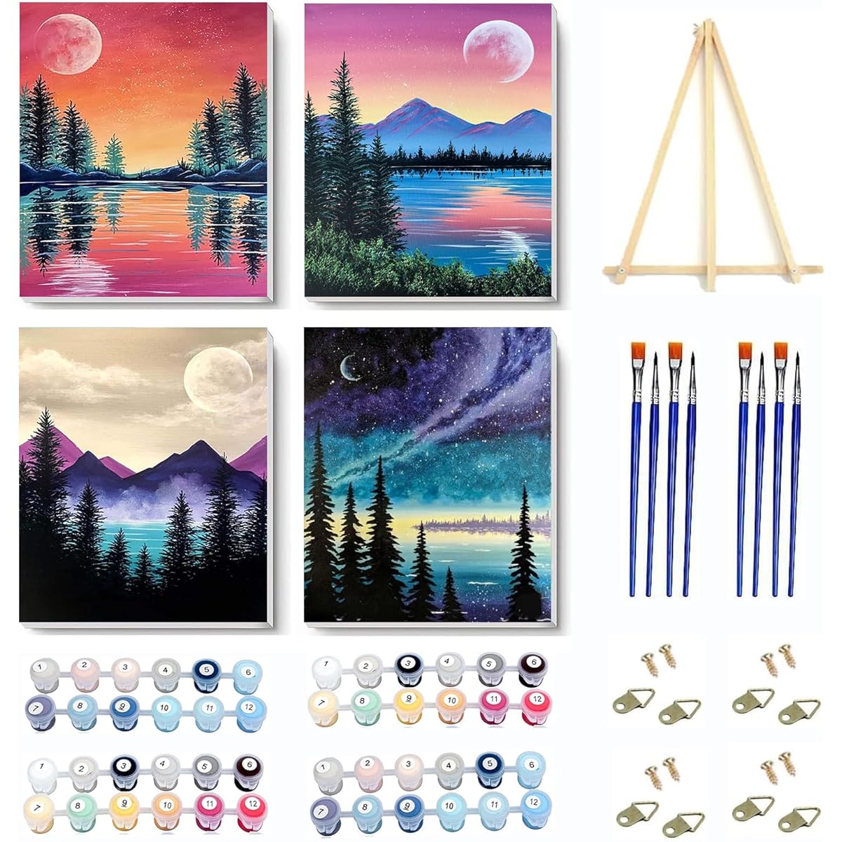 VIGEGU 4 Pack Paint by Number Kit for Adults Framed Canvas - Paint by Numbers with Wooden Easel for Kids Ages 8-12, Moon Lake Trees Mountain DIY Acrylic Landscape Oil Painting Art Crafts 7.8x11.8inch