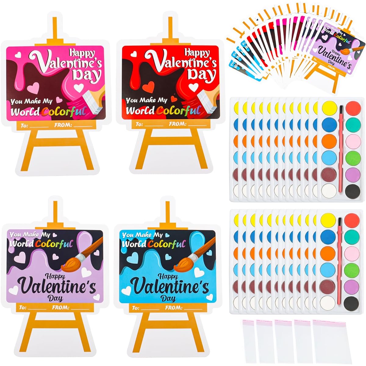KIMOBER Valentine Card Watercolor Paint Set of 24 Pieces with 24 Sticker Bags for School Class Gift Exchange Children Valentine's Day Party Favors