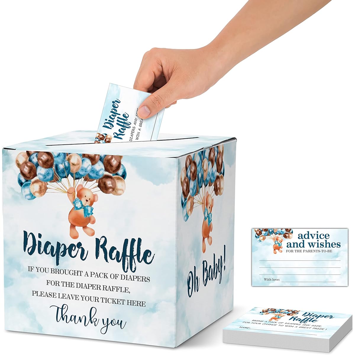 Diaper Raffle Tickets for Baby Shower, Bear Balloon Theme Baby Shower Card Box and Advice Cards Party Favors Decoration Supplies Game Cards Card Collection Box 1 Pack 50 Cards (bb009 hezi)