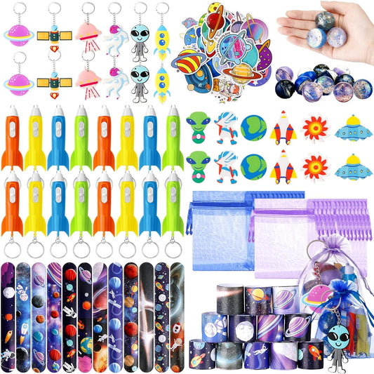 122pcs Space Themed Party Supplies Outer Space Party Favors Space Bouncy Balls Slap Bracelets Stickers Rocket Flashlight Keychain Erasers Organza Bags Classroom Prizes Birthday Carnival Gifts