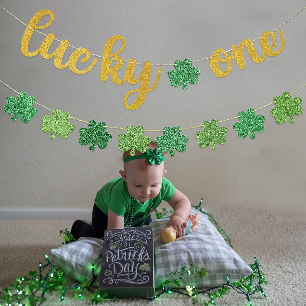 St. Patrick's Day Lucky One Banner, St. Patrick's Day First Birthday Party Decorations, Lucky Four Leaf Clover Shamrock Banner, 1st Birthday Party Decorations Supplies