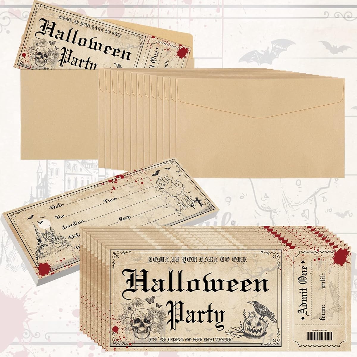 Geelin 60pcs Halloween Party Invitations with Envelopes Tickets Scary Halloween Party Invitations Halloween Baby Shower Invitations Horror Birthday Invitations Party Invitations (Pumpkin Style)