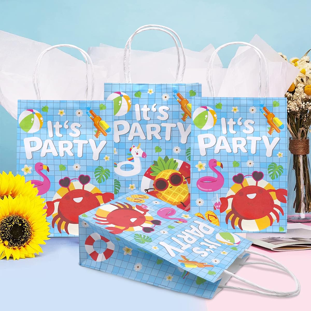 24 Pack Summer Pool Beach Party Goodie Gift Bags with Handles Holiday Summer Party Favors Decoration Candy Craft Bags Hawaii Holiday Birthday Party Supplies Baby Shower Decorations