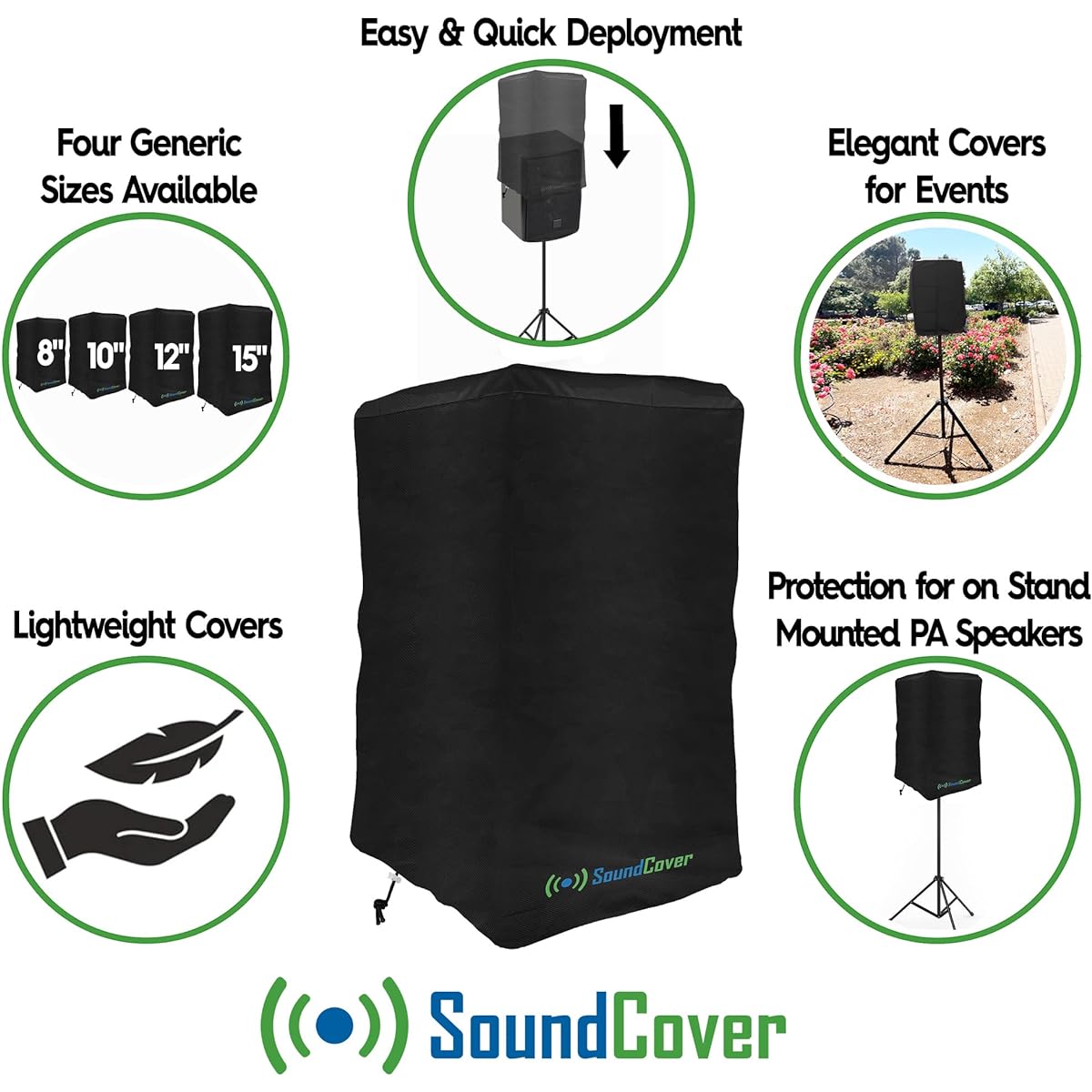Black Lightweight Over-the-Top Speaker Cover Bag for 12" PA/DJ Powered Speakers Mounted on Stand - Waterproof (Not Waterproof) 50 UV Protection - Please check dimensions before ordering.