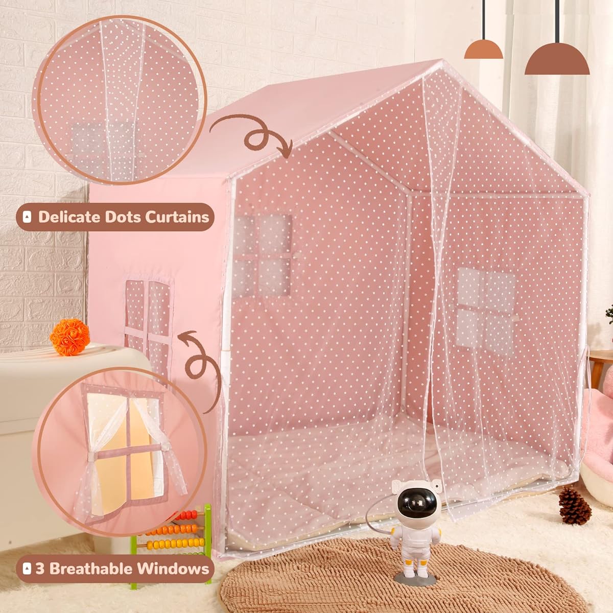 Kids Play Tent with Non-Slip Mat Starlight Dot Curtain Large Playhouse with Window Machine Washable Indoor and Outdoor Castle Play Tent for Kids Girls Pink 51" x 35.5" x 52"