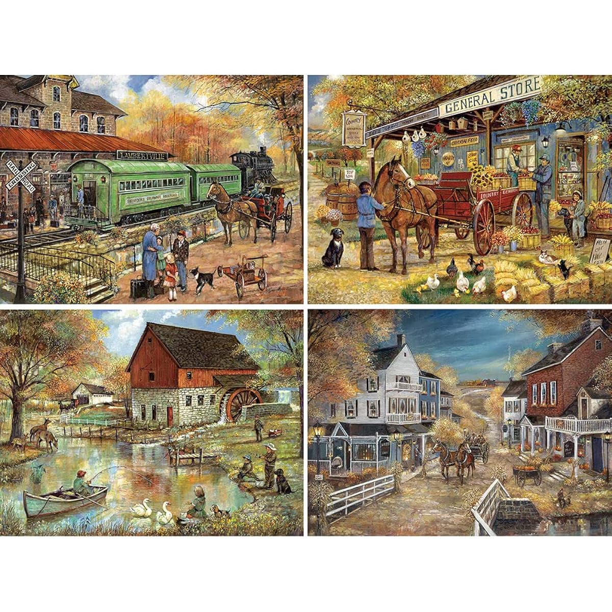 Bits and Pieces - Multi-Pack (4) 4-in-1 500 Piece Jigsaw Puzzle for Adults - Puzzle Dimensions 16" x 20" - 500 Piece Country Pond Harvest Cafe House General Store Jigsaw Puzzle by Artist Ruane Manning