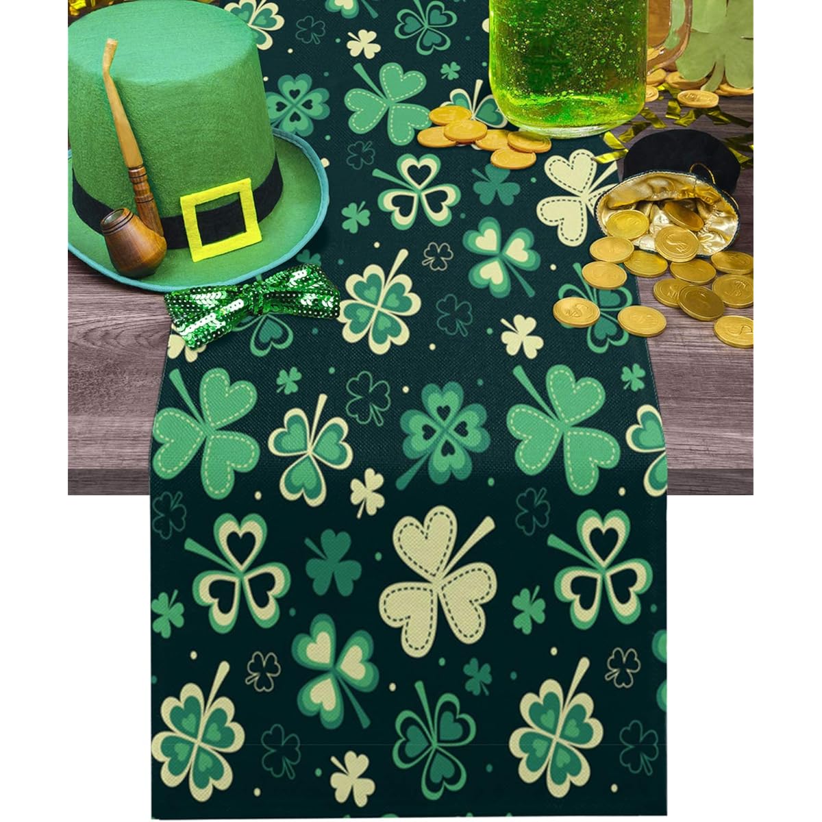 Libaoge Coffee Table Runner St. Patrick's Day Traditional Shamrock Pattern Burlap Table Runner Farmhouse Home Kitchen Decor Craft for Family Dinner/Party/Gathering 13x90 Inch