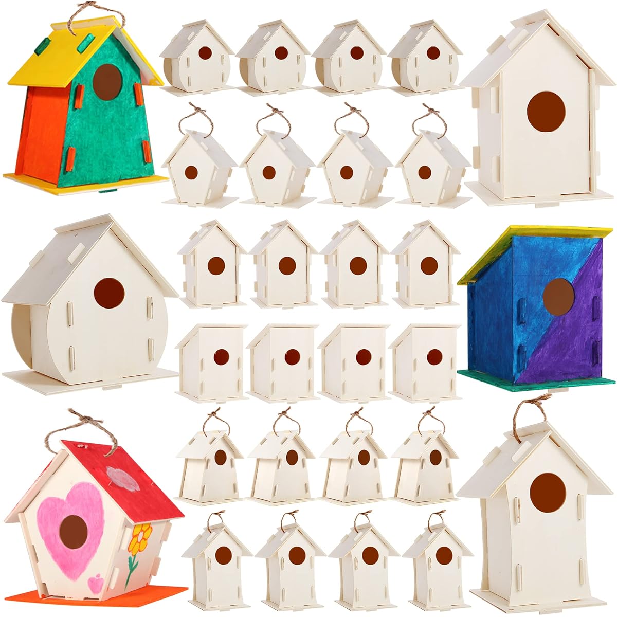 ILHSTY 30 Pack Large Paintable DIY Wooden Birdhouse Kit for Children Kids Crafts Wooden House Craft Class Party Birthday DIY Craft Art Bird House Kit for Kids to Assemble and Design