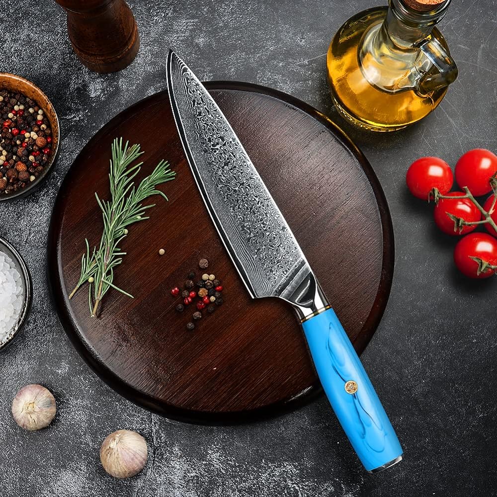 KyushuBlade Chef's Knife Damascus Knife 7.7 inches (195 mm). Professional Chef's Knife, Western Knife, Kitchen Utility Knife, Hand Forged Damascus Pattern Santoku Knife, Double-edged Knife,