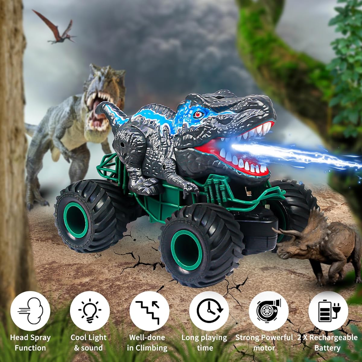 Remote Control Dinosaur Car Toy, 2.4GHz RC Dinosaur Monster Car with 2 Batteries, 80 Minutes Playtime, Remote Control Monster Truck with Spray/Sound/Light All Terrain Electric Toys, Great Gift for Boys Ages 4-12