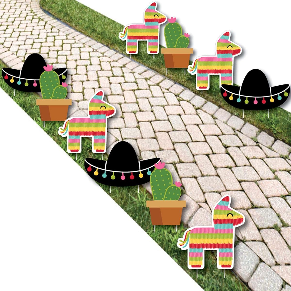 Let's Fiesta - Piñata, Cactus and Sombrero Lawn Decorations - Outdoor Mexican Fiesta Party Yard Decor - 10 Pieces