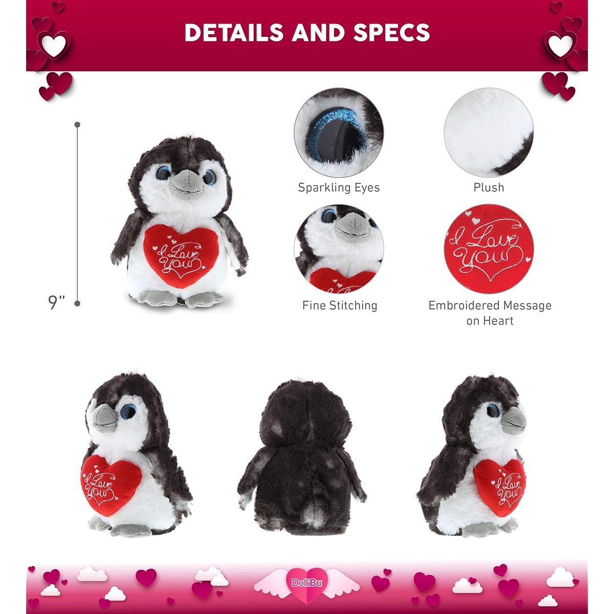 DolliBu I Love You Valentine Plush Big Eye Penguin - Cute Soft Cuddly Stuffed Animal with Red Heart Gift for Valentine's Day, Birthday Present, Anniversary, Romantic Date - 9"
