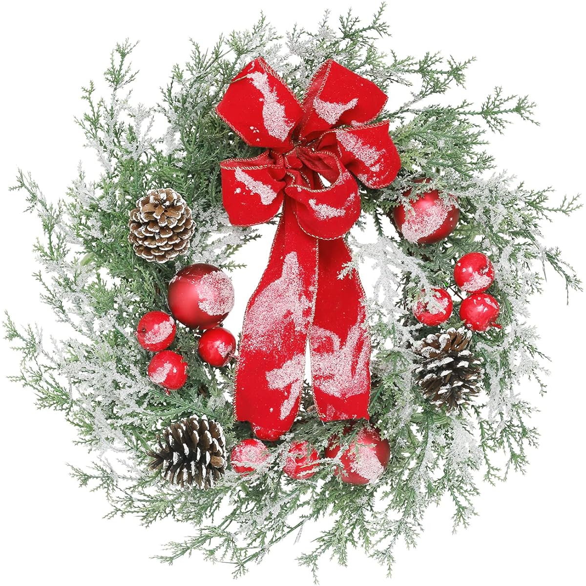 SY Super Bang Christmas Wreath, 18" Artificial Front Door Wreath Hanging Decoration with Ribbon/Berry/Pine Cone/Christmas Balls for Home Holiday Indoor/Outdoor Christmas Party Decoration