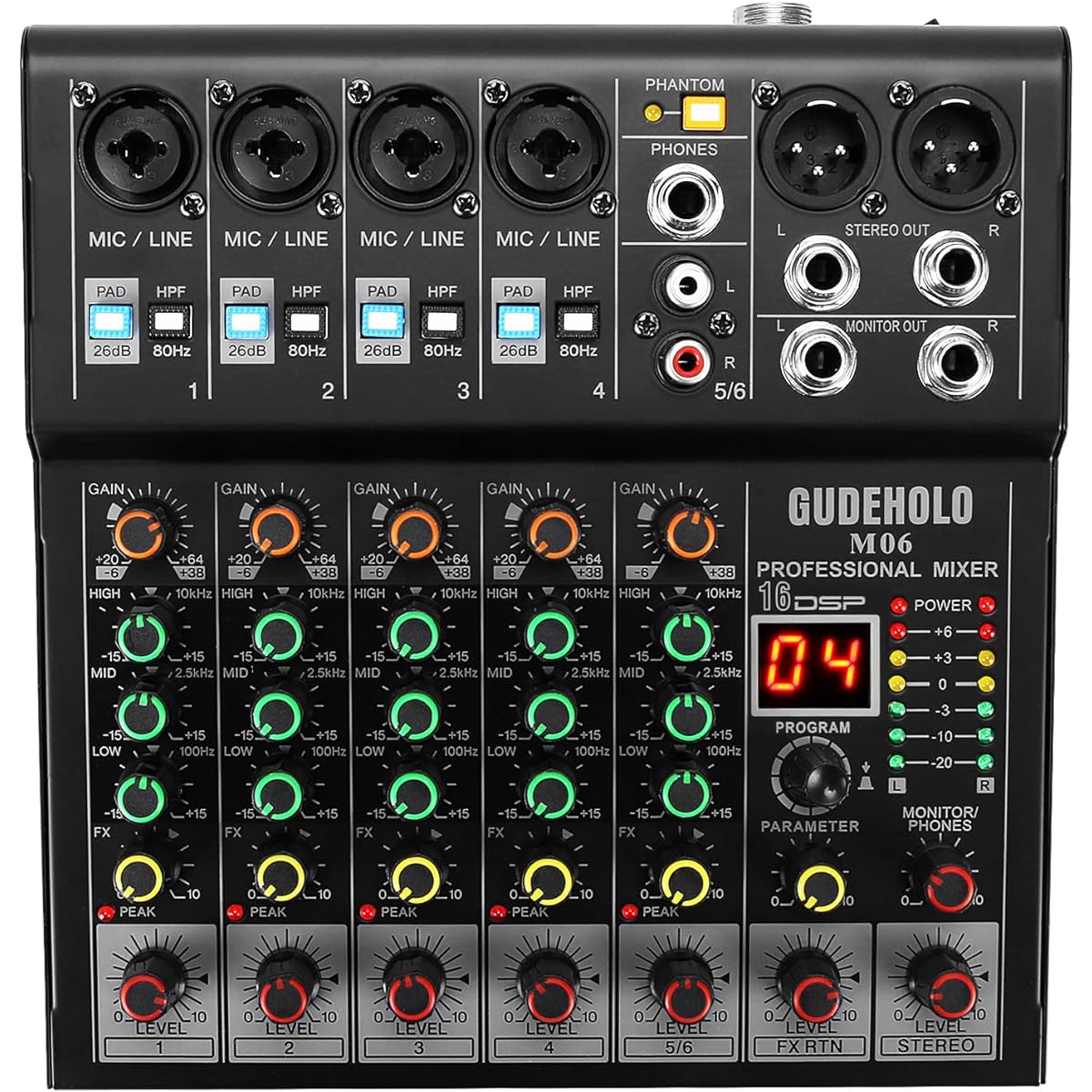GUDEHOLO 6 Channel Professional DJ Audio Mixer, DJ Controller Sound Mixer DSP 16 Preset Effects, Perfect for Home Parties and Karaoke (Grey)