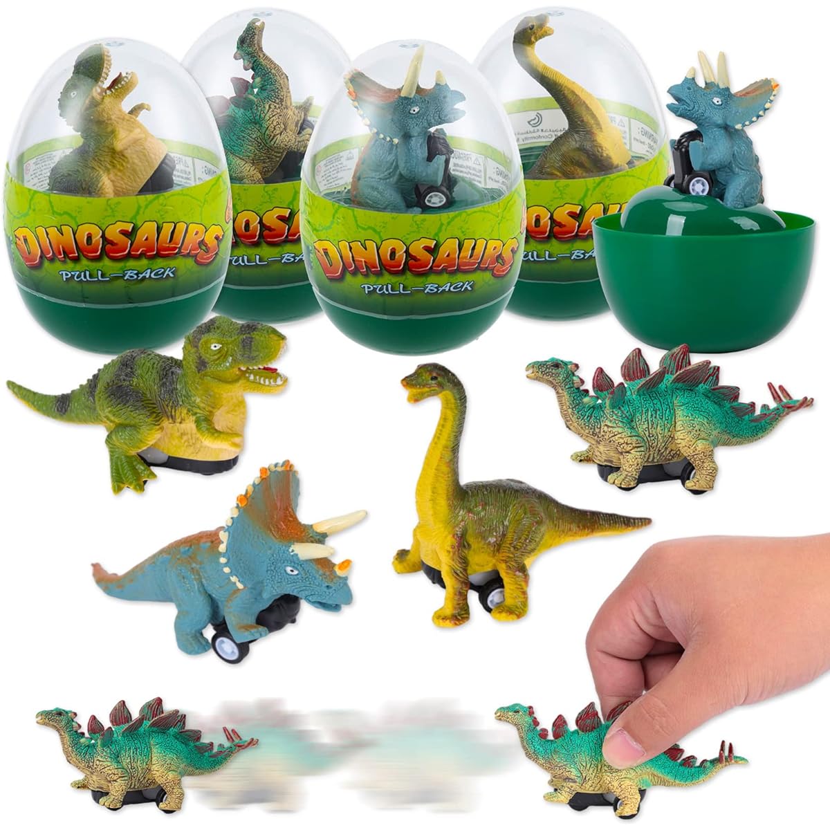 4 Pack Jumbo Easter Eggs with Dinosaur Pull Back Cars for Kids - Easter Egg Hunt, Easter Basket Stuffers, Easter Party Favors, Classroom Giveaways