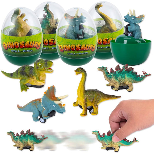 4 Pack Jumbo Easter Eggs with Dinosaur Pull Back Cars for Kids - Easter Egg Hunt, Easter Basket Stuffers, Easter Party Favors, Classroom Giveaways