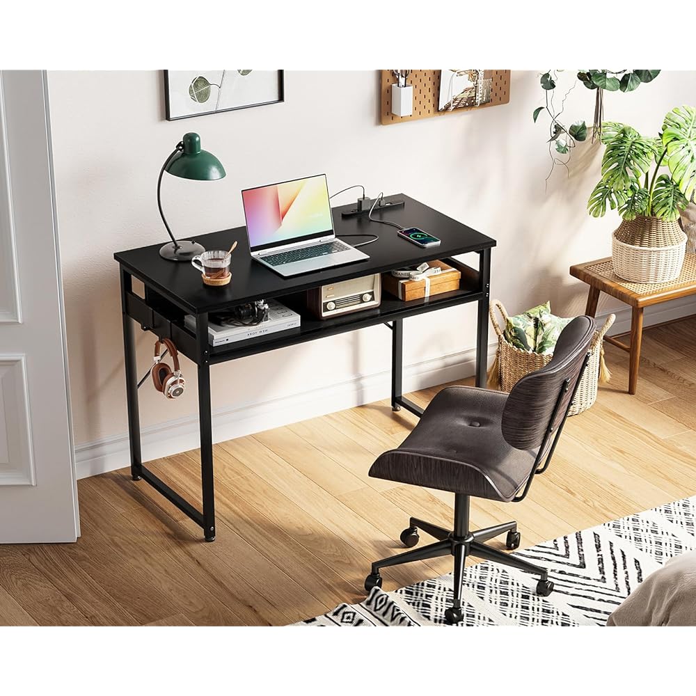 ODK Desk PC Desk Computer Desk Width 80cm Gaming Desk with Storage and Outlet Study Desk Computer Desk Box Work Desk with 2 Hooks Compact for Telework Space Saving Easy Assembly Black