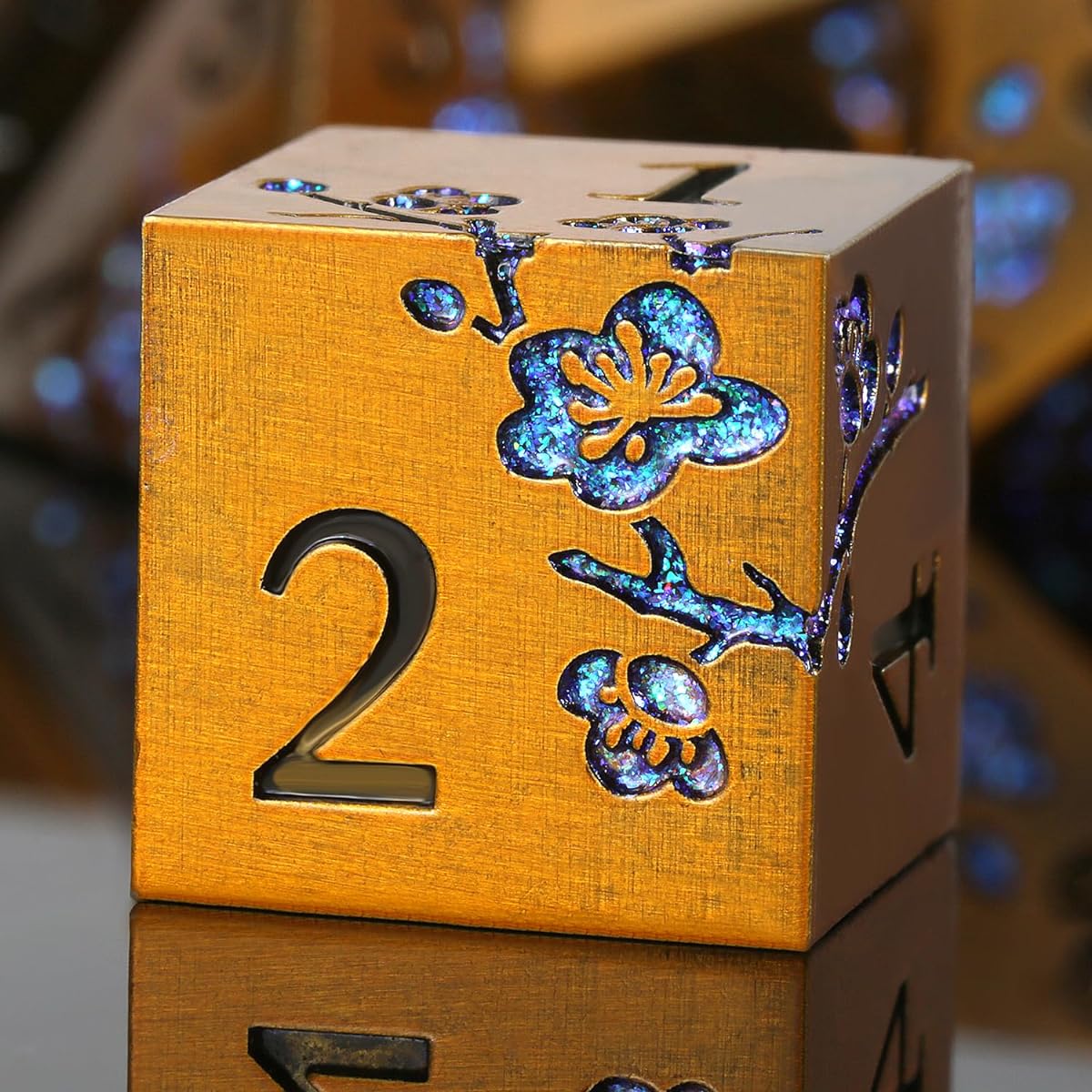Metal Dice Flower - Set of 7 Metallic Dungeons and Dragons Dice with Huge Gift Case for DND Dungeons and Dragons Tabletop Game (Ancient Brass and Blue Flower)