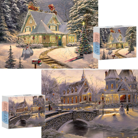 2 Pack 1000 Piece Christmas House Puzzle & Christmas Snow Scene Puzzle Thomas & Kinkade Romantic Town Jigsaw Puzzle for Adults 1000+ Pieces Winter Snowman Puzzle GFT Unisex