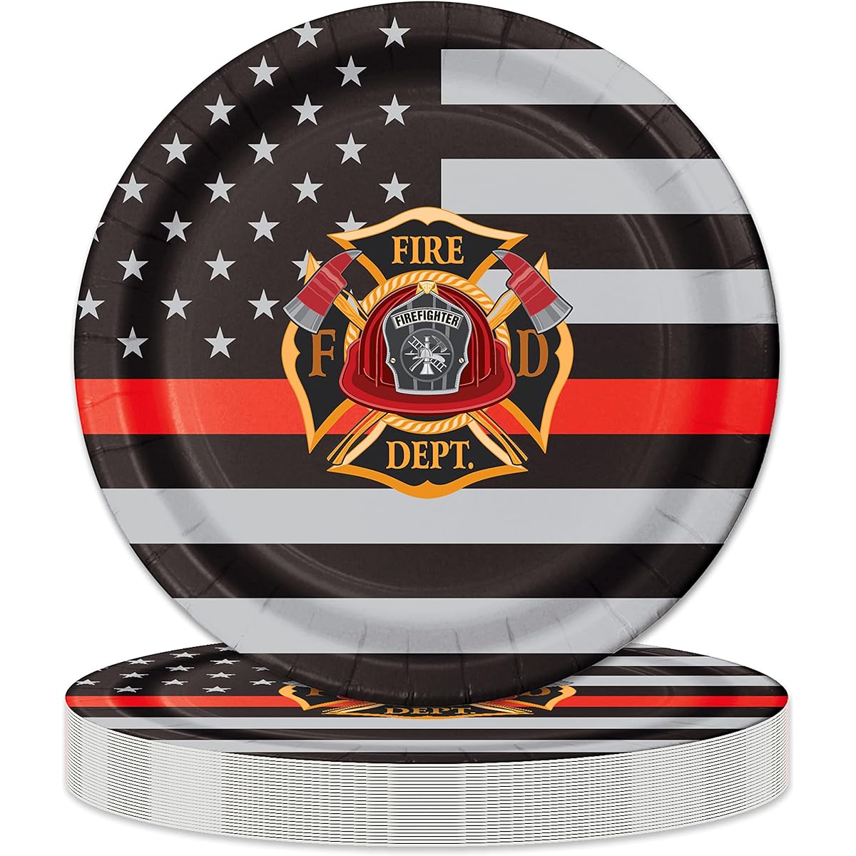 Havercamp Firefighter/EMT-Thin Red Line Lg9 Inch Plates (24 pcs) Official Thin Red Line Flag Pattern 24 Paper Dinner Plates