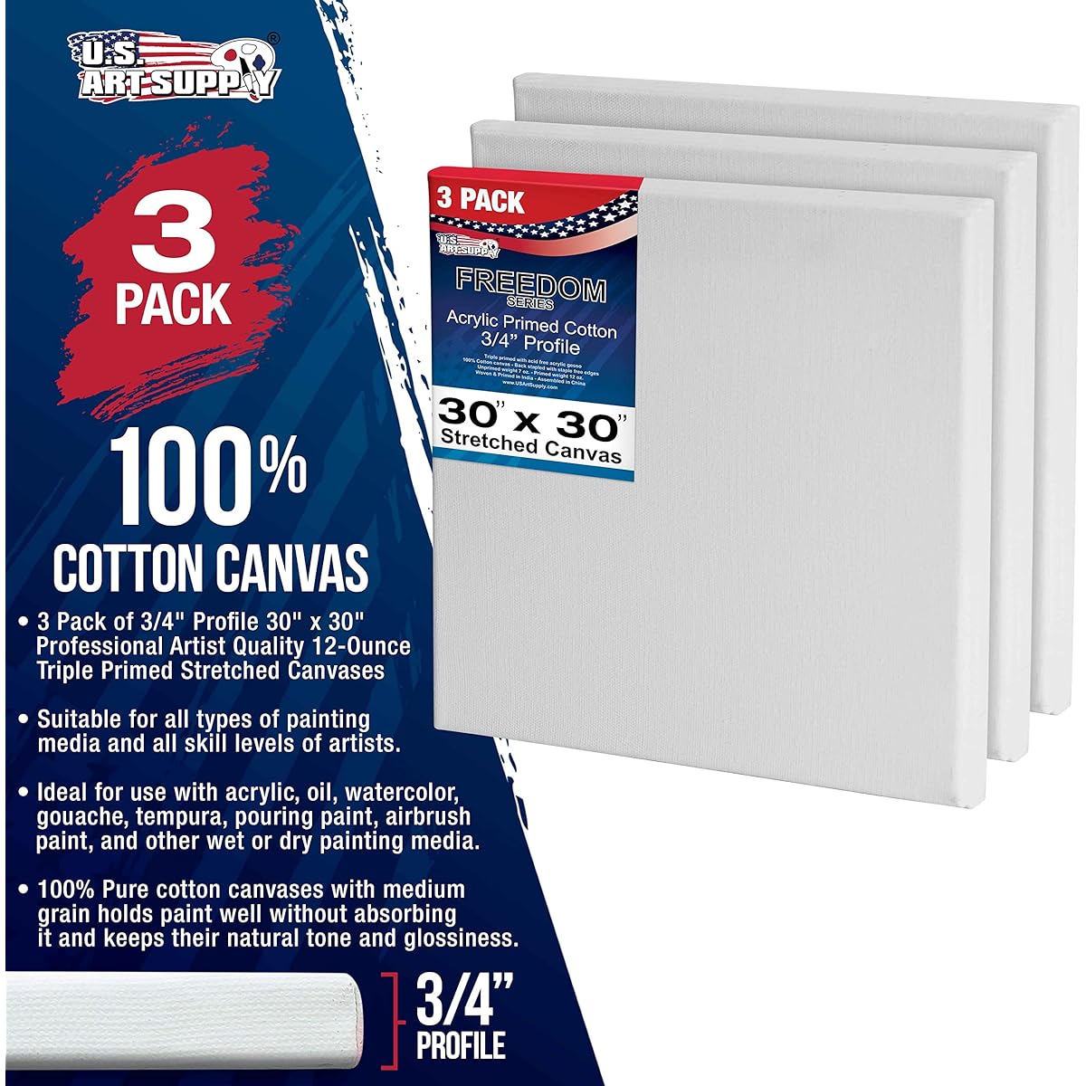 U.S. Art Supply 30" x 30" Stretched Canvas, 12oz Triple Prime, 3 Pack, Professional Artist Quality, White Blank, 3/4" Profile, 100% Cotton, Heavyweight Gesso, Acrylic Poling, Oil Painting