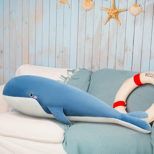 Syhood 47.2 Inch Whale Plush Toy Blue Large Whale Dolphin Doll Cute Decorative Pillow Large Stuffed Animal Whale Pillow Plush Toy Pillow Gift for Boys and Girls